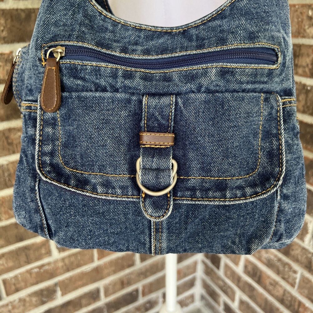 Vintage Y2K Blue Jean Shoulder Purse Lots Of Pockets 11” X 4” X 8” Hippie Boho - Picture 2 of 11